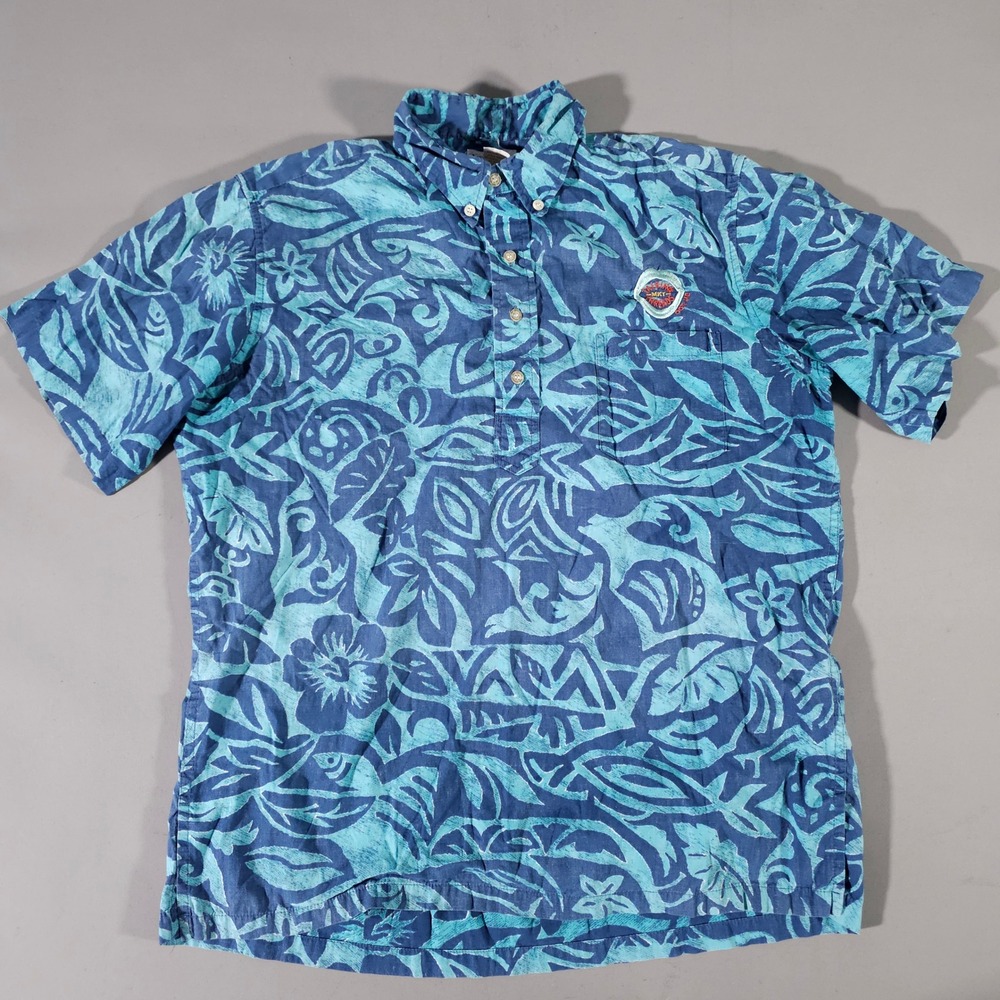 Reyn Spooner Pullover Shirt Mens Medium Blue Tropical Batik Cotton Aloha